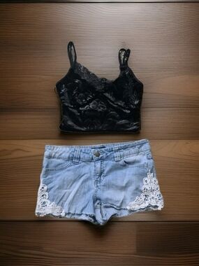 Forever 21 Black Velvet Lace-Trim Cropped CamisoleForever 21 Blue Denim Cut Off